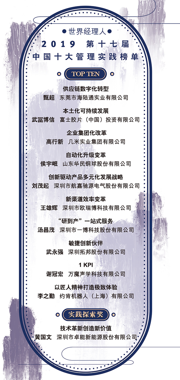 2019中國十大管理實踐”榜單