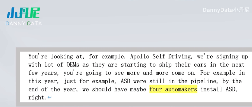 百度自动驾驶除了已经和4家车企合作预装ASD（Apollo Self Driving）系统